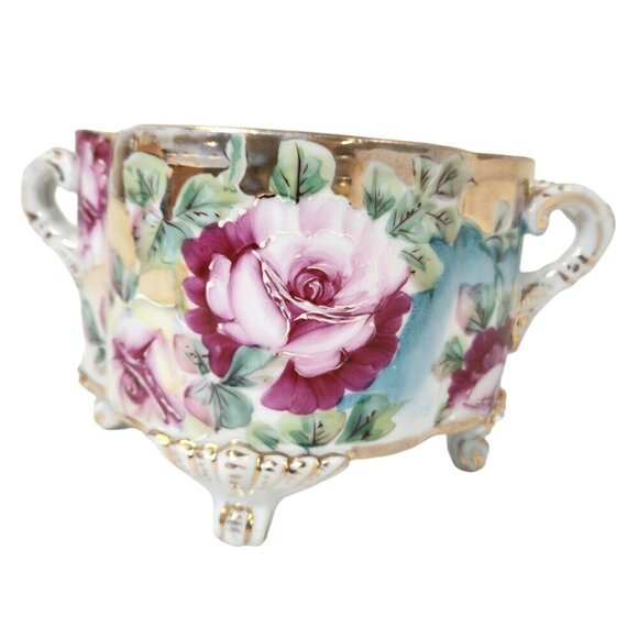 Antique Hand Painted Roses Porcelain Jardiniere Planter - Picture 2 of 16